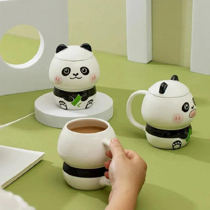 Ceramic panda mug with lid and spoon; white ceramic cup with black belt and panda paws