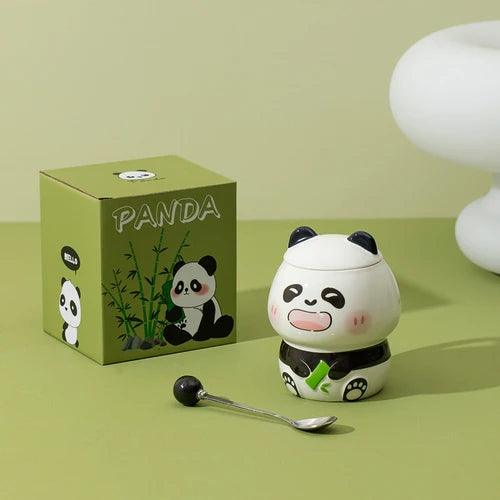 Ceramic panda mug with lid and spoon; white ceramic cup with panda face and paw prints