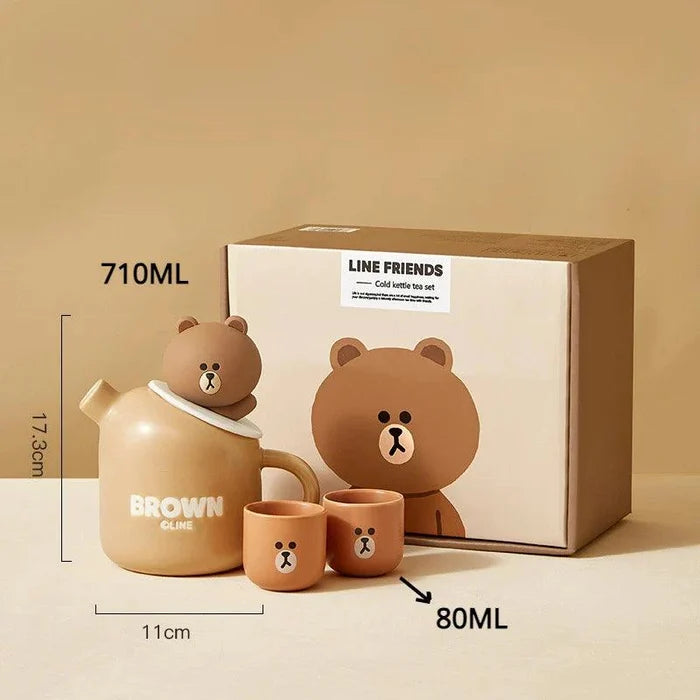 Ceramic teddy bear teapot set box with brown teapot, bear lid, and two small cups.
