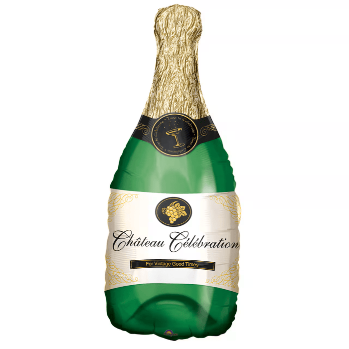 Champagne bottle foil balloon in gold foil and green with black label