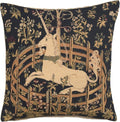 Navy jacquard square throw pillow cover with unicorn and floral vine pattern