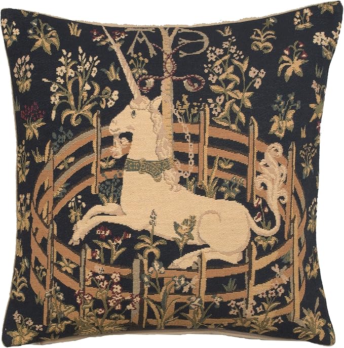 Navy jacquard square throw pillow cover with unicorn and floral vine pattern