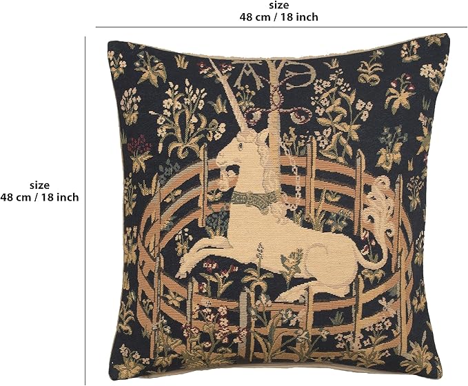 Navy square pillow cover with unicorn scene, ornate frame, and leafy motifs