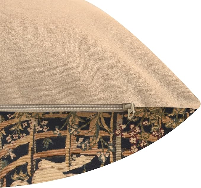 Beige back zip closure pillow cover with navy floral jacquard side