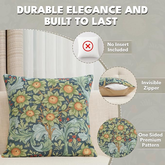 Square tapestry pillow cover in dark blue with green leaves and orange blossoms, patterned front