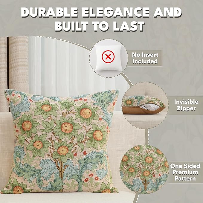 Decorative square pillow cover with orange tree blossoms, green foliage, and blue leaves