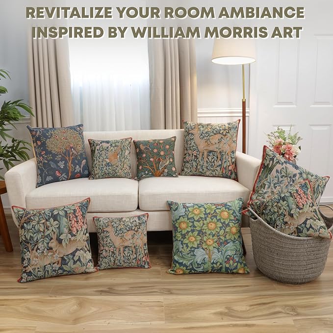 Decorative square tapestry pillow cover with leafy floral design in orange and teal
