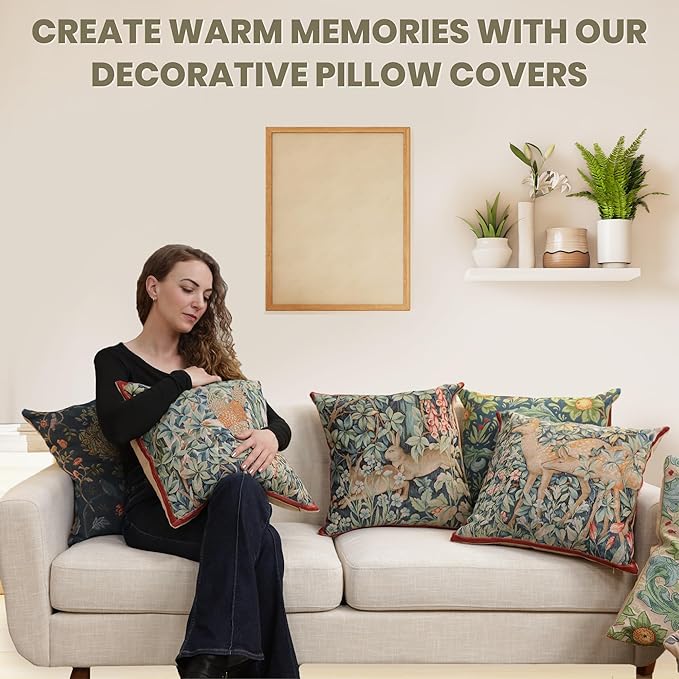 Decorative tapestry pillow cover shown on couch, featuring orange blossoms and green leaves