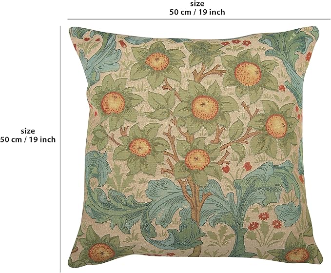 Decorative square pillow cover with botanical tapestry pattern and orange flowers on cream