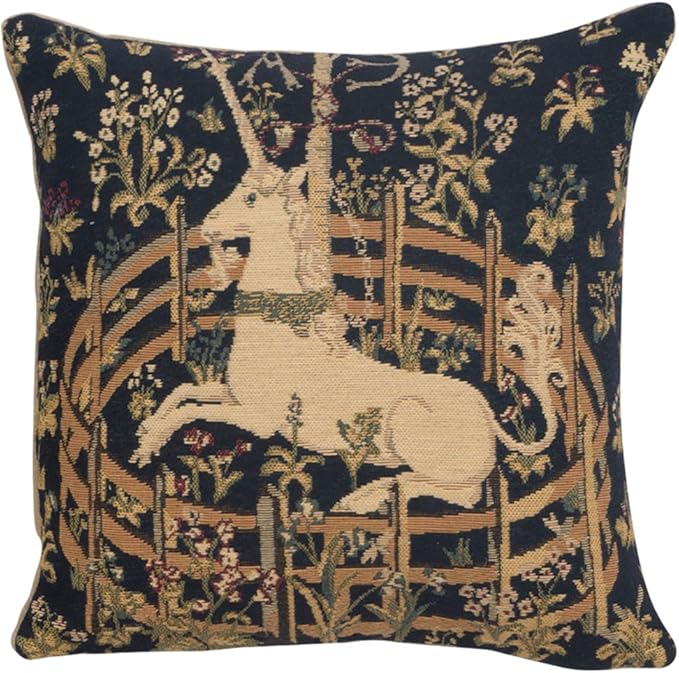 Navy tapestry decorative pillow cover with tan unicorn and floral accents, 13x13