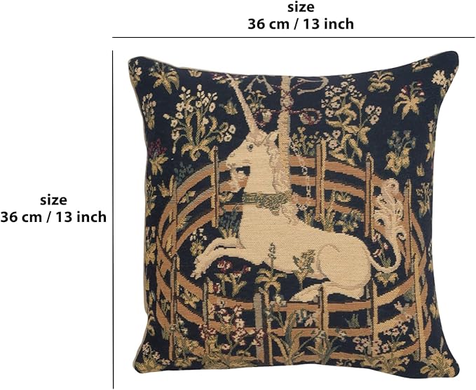 13x13 navy tapestry pillow cover with tan unicorn scene and gold floral details