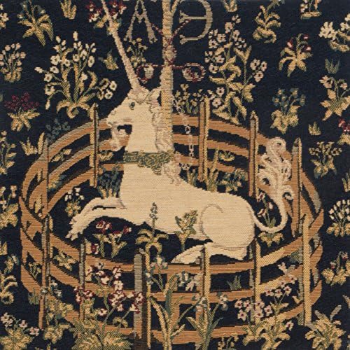 Navy woven pillow cover with tan unicorn figure and ornate floral tapestry pattern