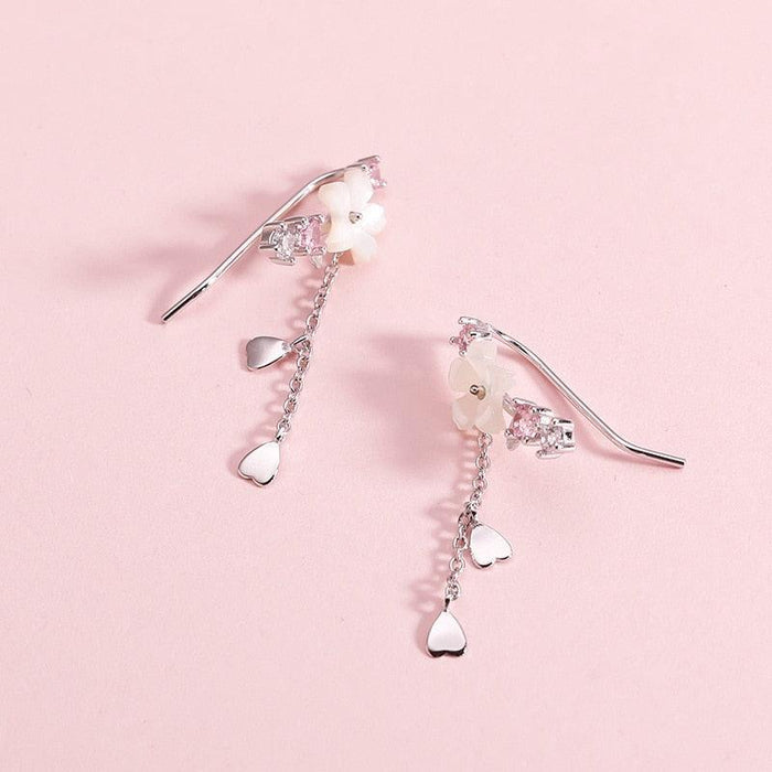 Cherry blossom drop charm earrings with fishhook backs, silver chain and heart drop charms