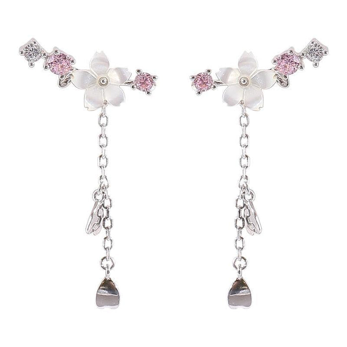 Cherry blossom drop charm earrings, silver with pink and white blossoms and heart dangle tassels