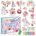 Diamond painting keychain kit set with assorted unicorn, cake, star, and heart charms plus tools.