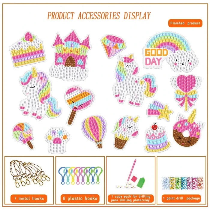 Diamond painting keychain designs display: unicorn, heart, star, ice cream, and more.