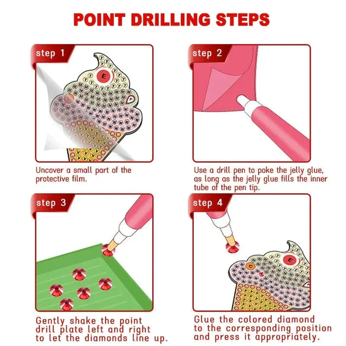 Point drilling step guide for diamond painting, showing drill pen and colored gems placement.