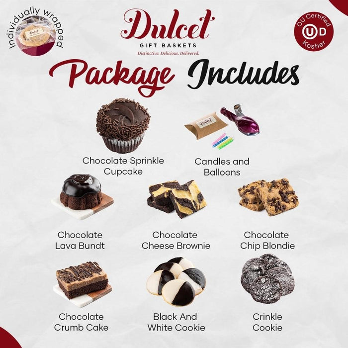 Gift basket package includes assorted chocolate treats shown on a checklist card