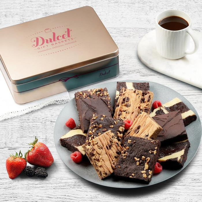 Metal gift tin with assorted chocolate brownies on a plate