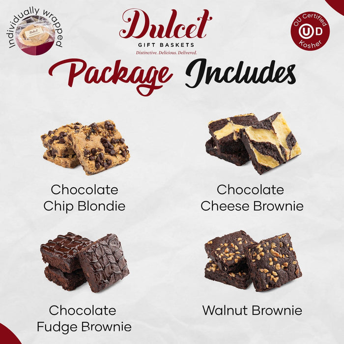 Package includes chocolate chip blondie, cheese brownie, fudge brownie, walnut brownie