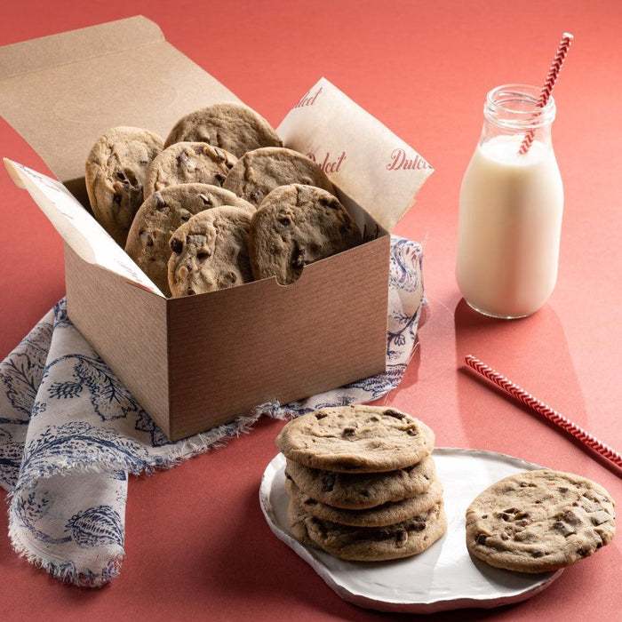 Chocolate chip cookie box with stacked cookies and open lid