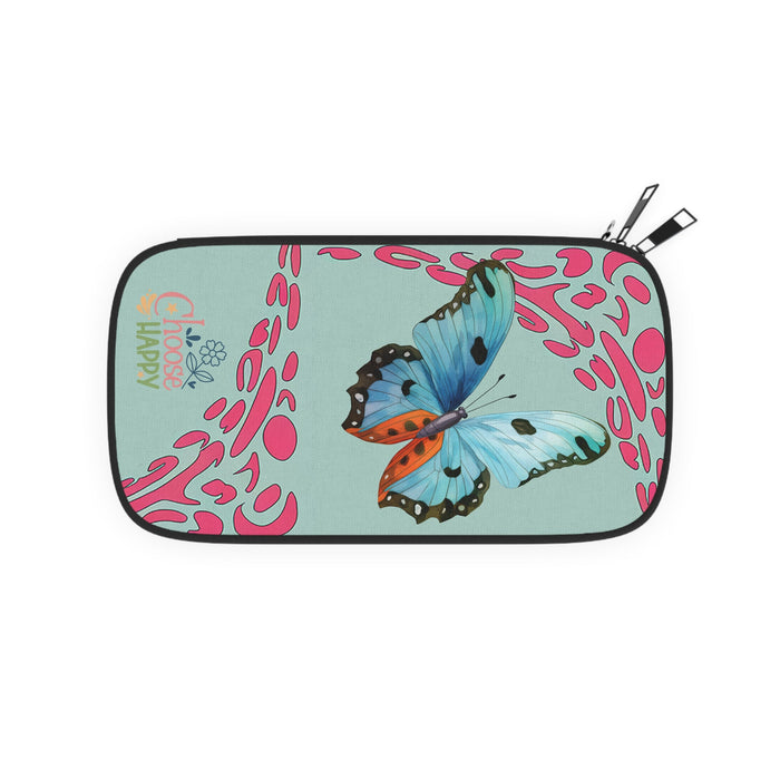 Mint zippered passport wallet with butterfly illustration and pink swirls pattern