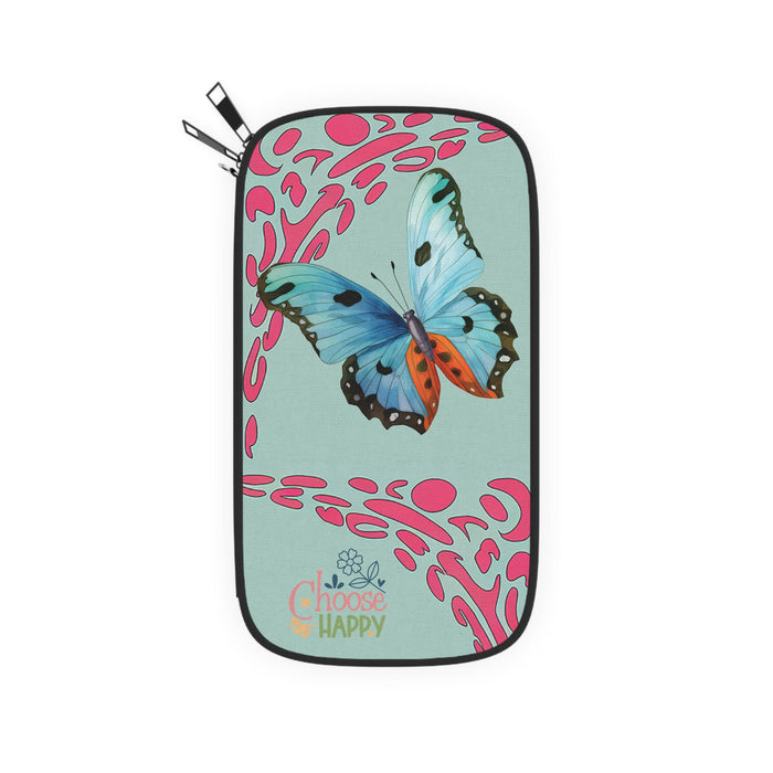 Mint passport wallet with black edges, butterfly artwork, vertical zipper pocket