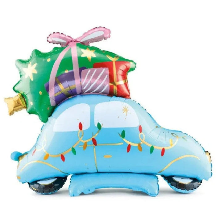 Light blue car-shaped helium balloon with striped gift box on top