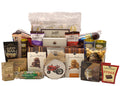 Christmas gift basket with assorted chocolates, cookies, popcorn, and crackers