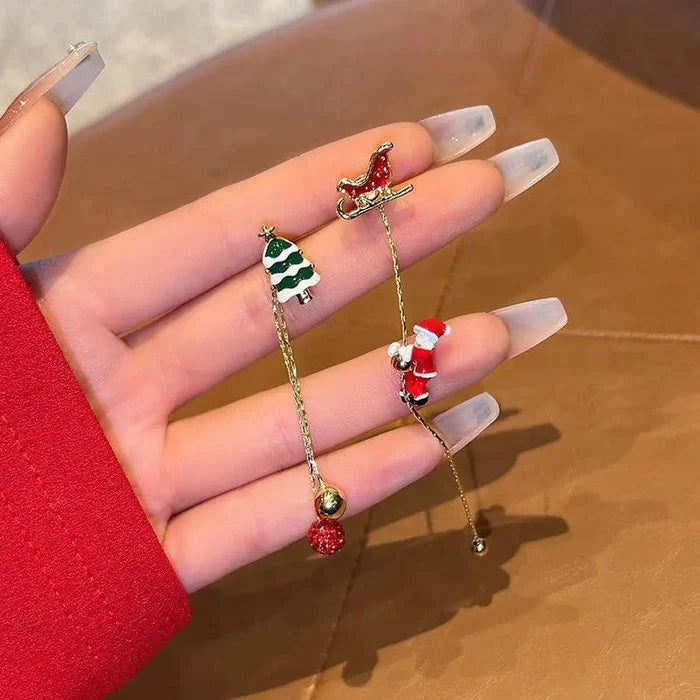 Gold-tone Christmas drop earrings with red and green charms and hanging beads