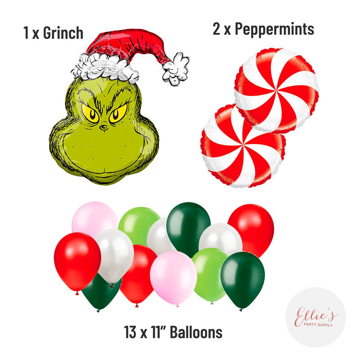 Christmas balloon kit contents: 1 Grinch balloon, 2 peppermint balloons, 13 11-inch balloons