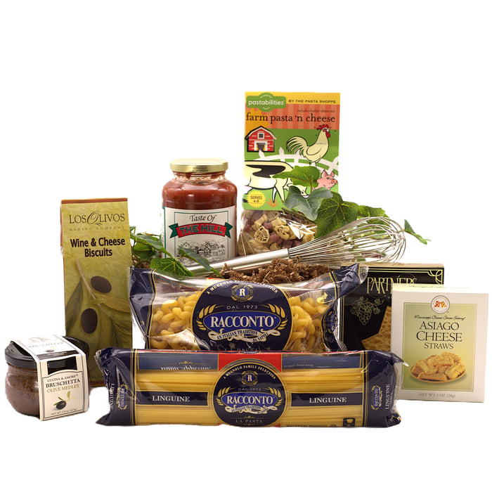 Italian gift basket with cheese straws, biscuits, bruschetta, and assorted foods