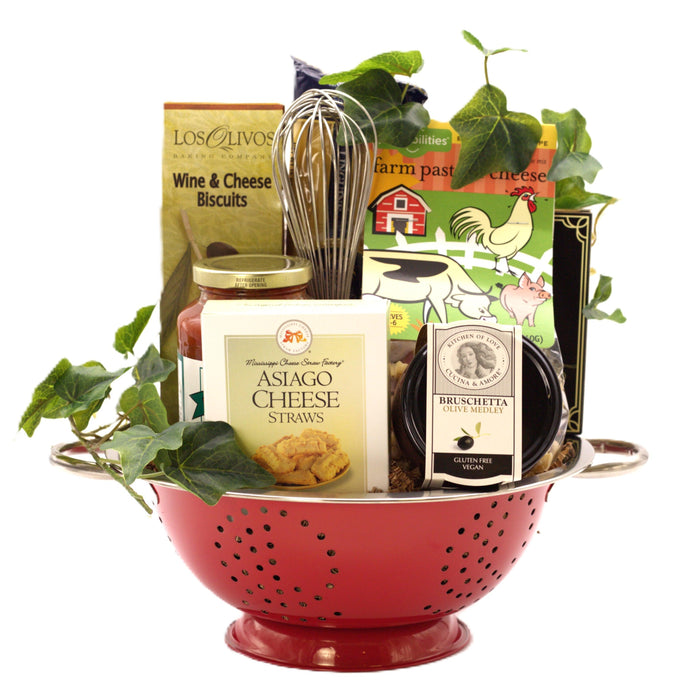 Red gift basket with wine & cheese biscuits, asiago cheese straws, bruschetta