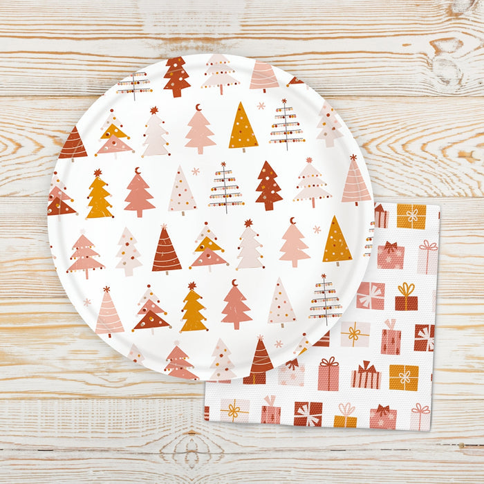 Christmas tree icon paper napkins, white with red, orange, and green tree patterns