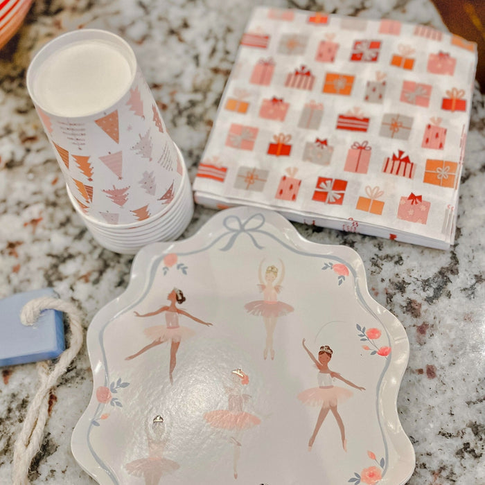 Christmas ballet dancer icon paper napkins in light pink and white, with red accents