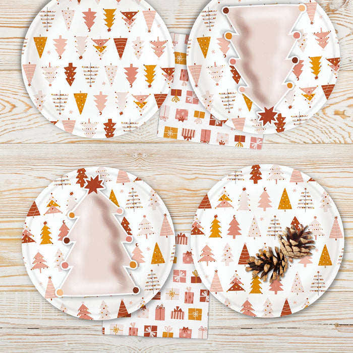 Christmas tree and gift icon paper napkins, white with red and orange holiday patterns