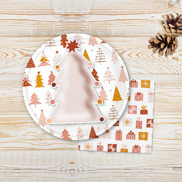 Christmas tree ornament icon paper napkins, white with red and gold holiday patterns