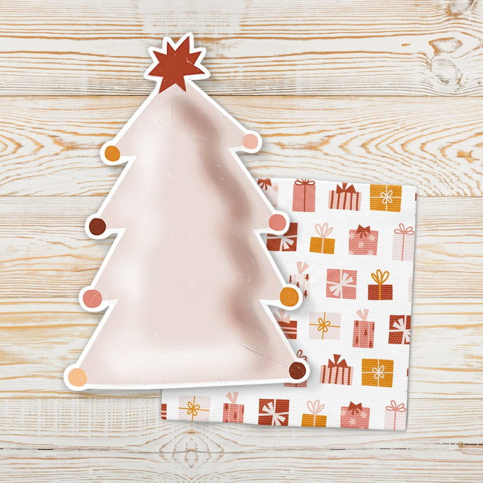 Christmas tree cutout icon paper napkins, white with red and orange gift patterns