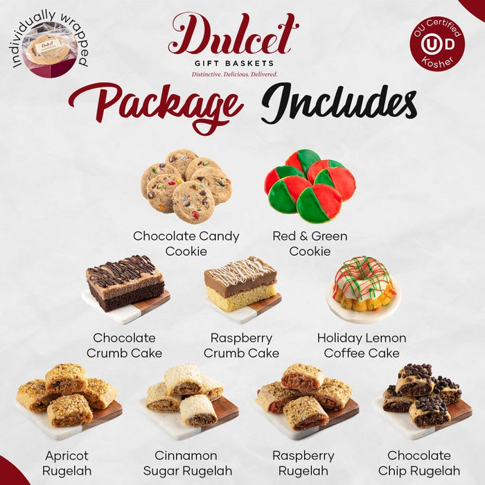 Dulcet package includes sampler assortment: chocolate cookie, red & green cookie, bars