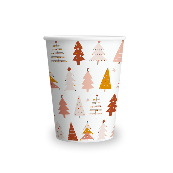 White paper cup with assorted Christmas tree icons in red, orange, and cream