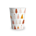 White paper cup with assorted Christmas tree icons in red, orange, and cream