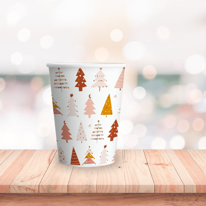 Tall white Christmas tree icon paper cup with red and orange holiday designs