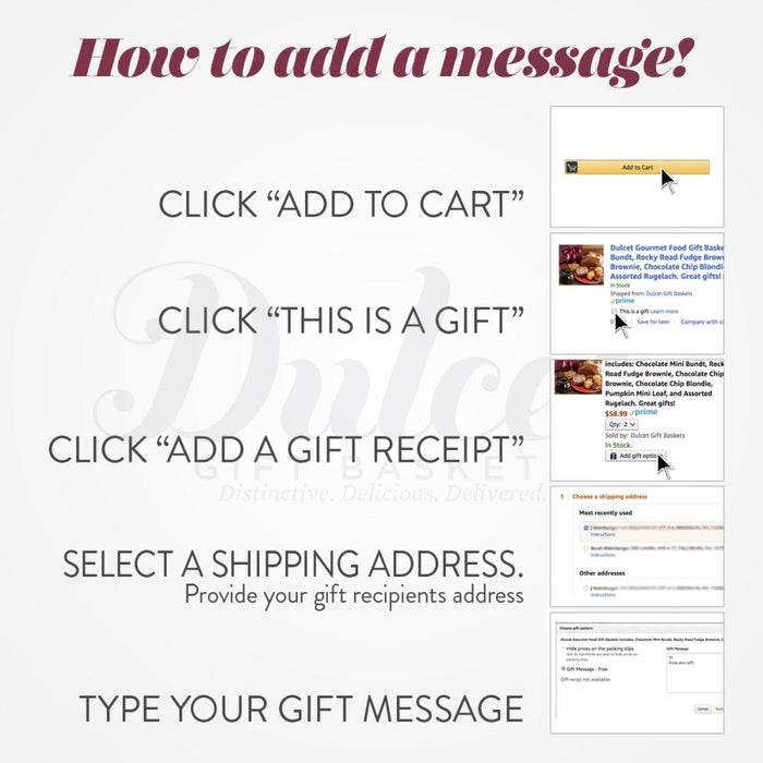 Chocolate gift box gift-message steps diagram with add-to-cart and message instructions