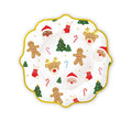 Christmas icon plates set with gold-edged round scalloped trays, featuring gingerbread and Santa