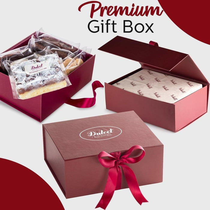 Premium gift box with red ribbon and wrapped treats, plus open box