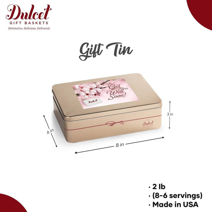 Rectangular cookie gift tin with “Gift Tin” text and “Get Well Soon” label, dimensions shown