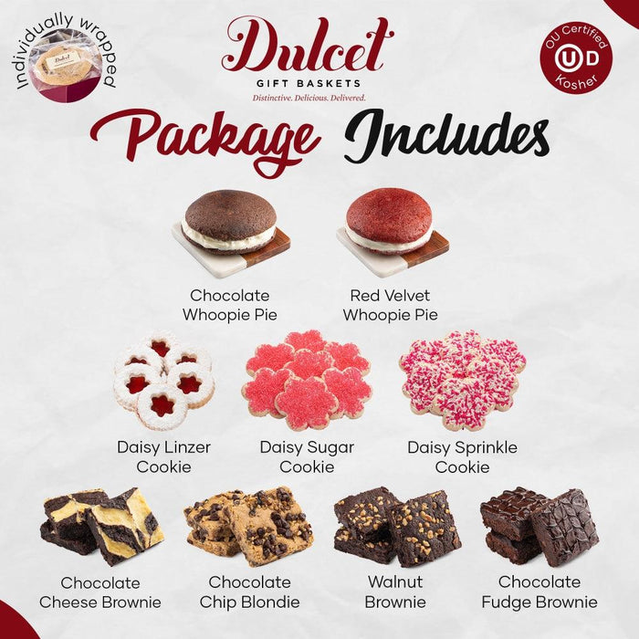 Gift package includes Red Velvet whoopie pie, Daisy cookies, and brownies in assorted flavors