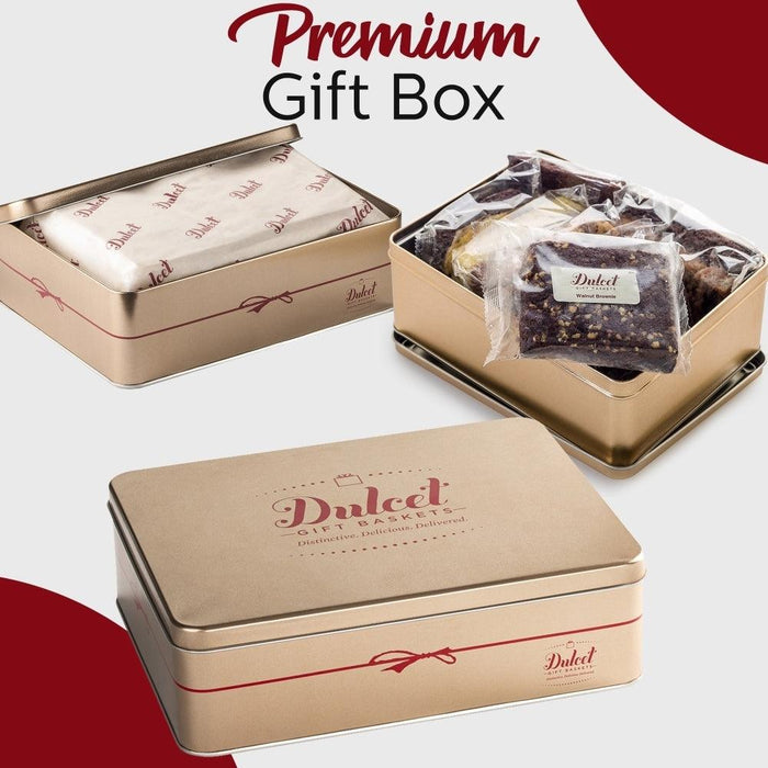 Premium gift box set with Dulcet-branded tin and wrapped cookies and brownies
