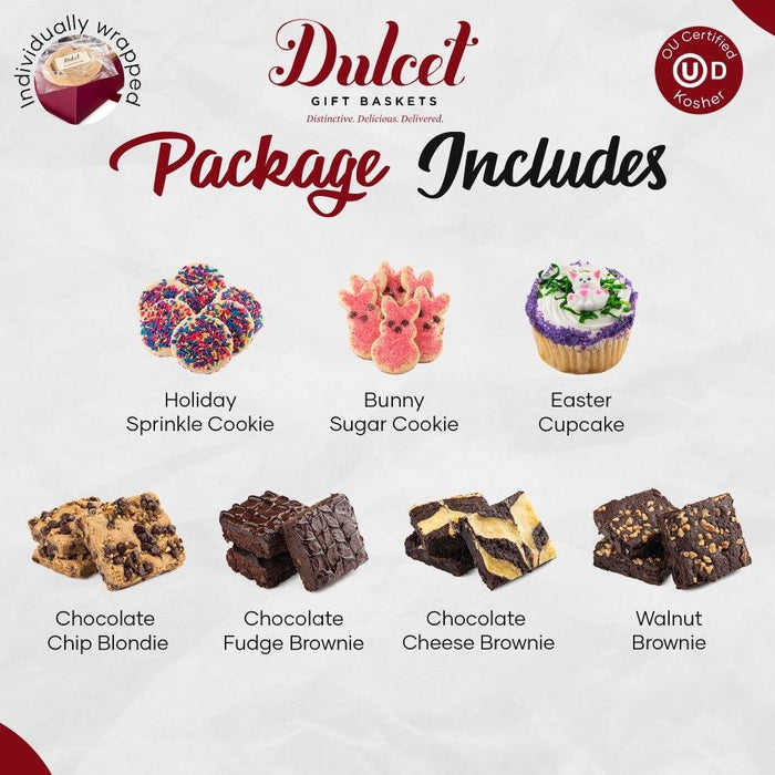 Gift package includes Easter cupcake, bunny sugar cookies, and assorted chocolate treats