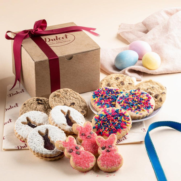 Classic Easter Cookie Gift Box with assorted cookies and burgundy ribbon